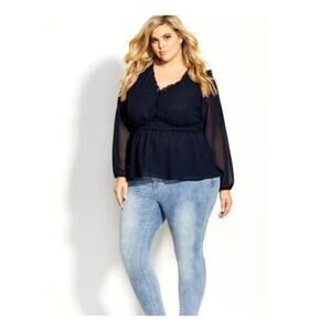NEW City Chic Top Women's Plus Size 24 Navy Blue Ruffle Lust Peplum Hem Sheer